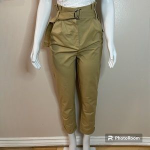 Khaki belted high waisted paper bag pants